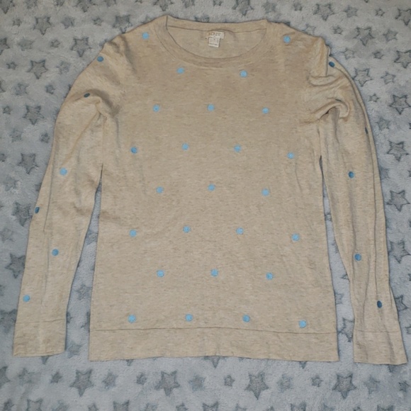 3/$20 JCrew Polka Dot Teddie Sweater Tan & Blue - Picture 1 of 3
